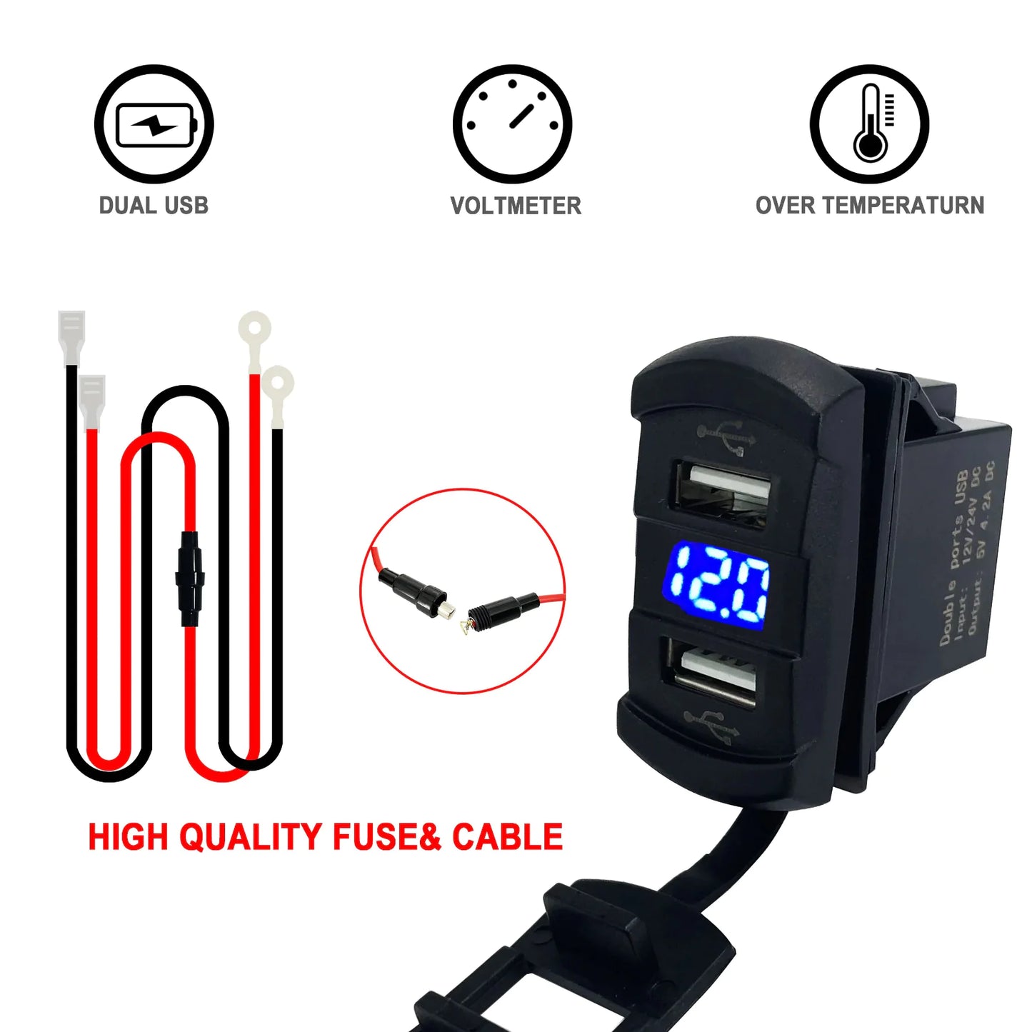 12V Dual USB Car Charger with Voltmeter Panel