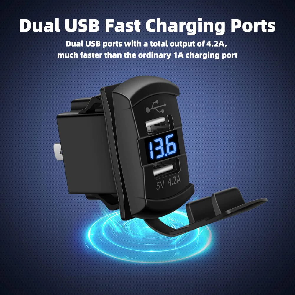 12V Dual USB Car Charger with Voltmeter Panel