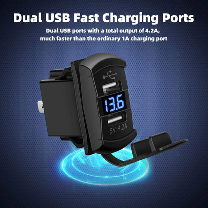 12V Dual USB Car Charger with Voltmeter Panel