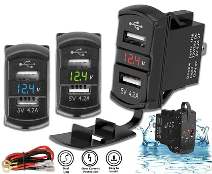 12V Dual USB Car Charger with Voltmeter Panel