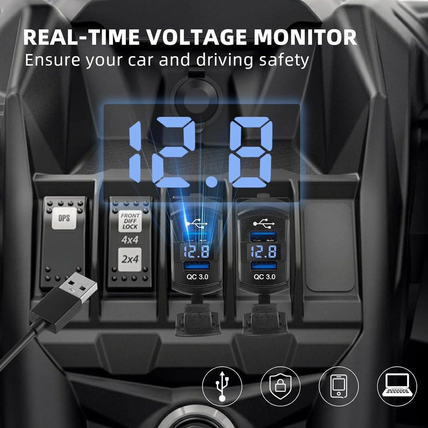 12V Dual USB Car Charger with Voltmeter Panel
