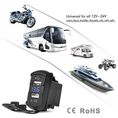 12V Dual USB Car Charger with Voltmeter Panel