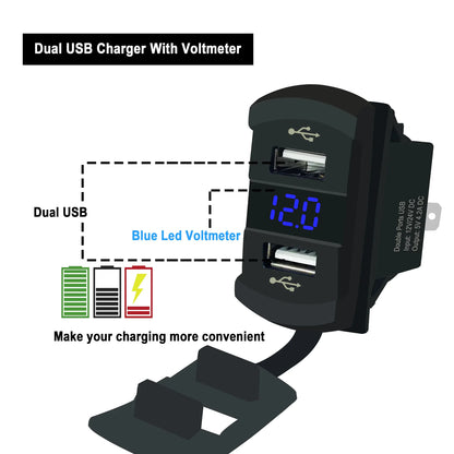 12V Dual USB Car Charger with Voltmeter Panel