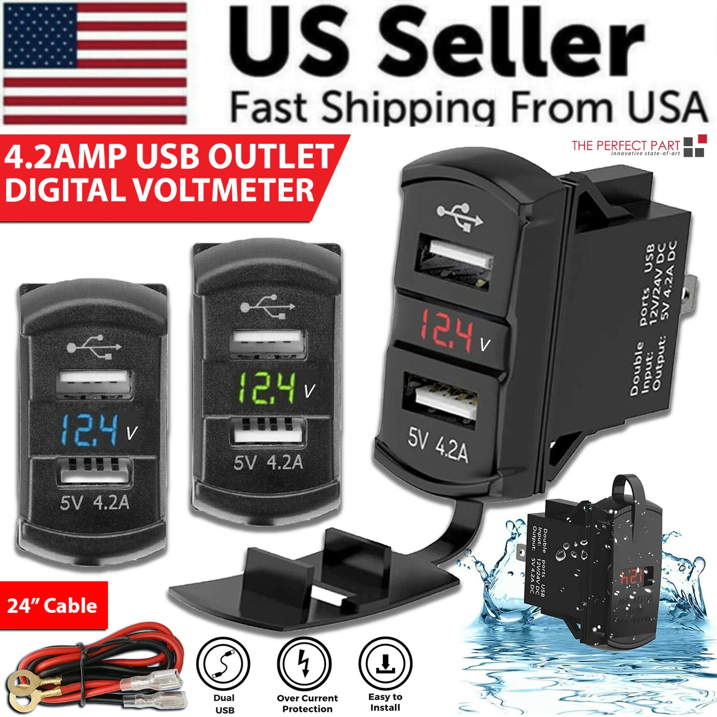 12V Dual USB Car Charger with Voltmeter Panel