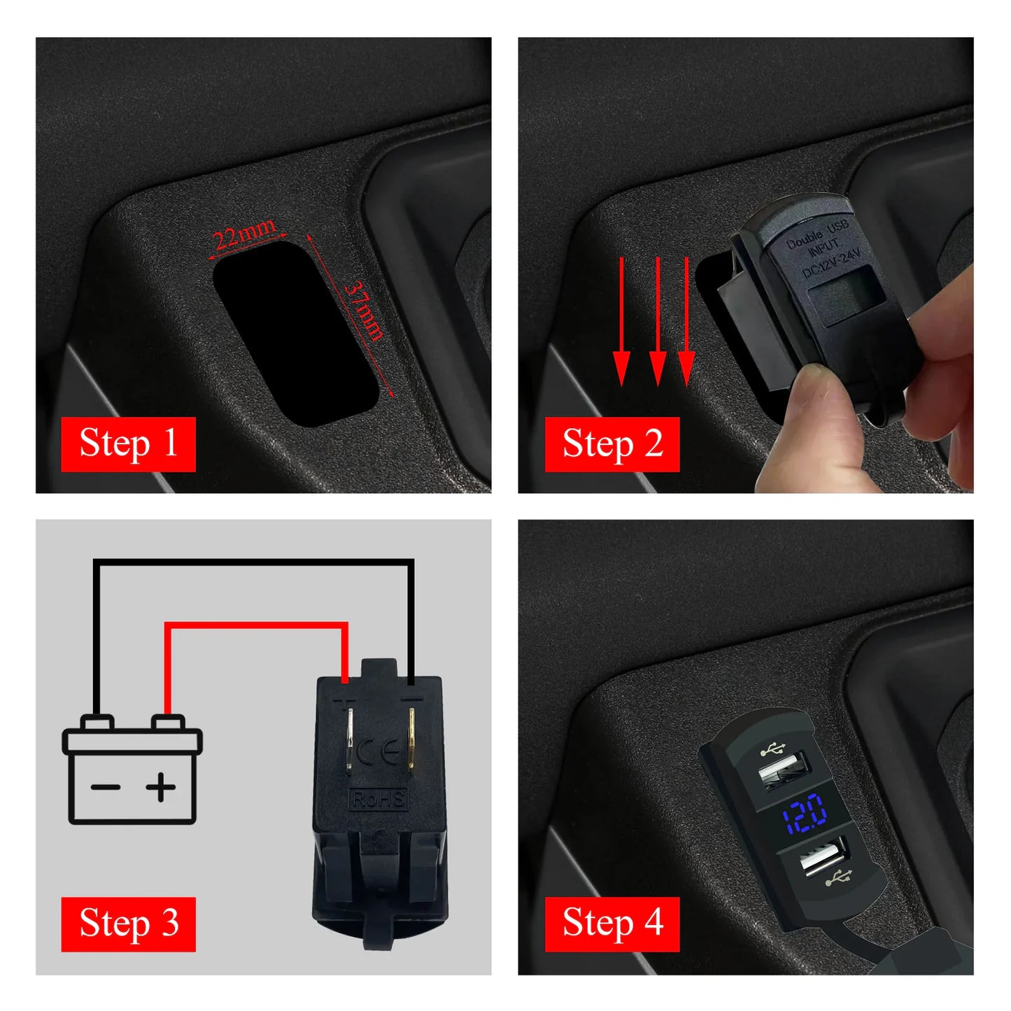 12V Dual USB Car Charger with Voltmeter Panel
